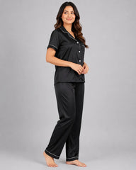 Women Silk 2 Piece Pajama Set - Black