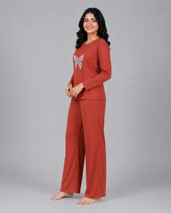 Women Round-Neck Lounge Wear | Colored Butterfly - Rusty