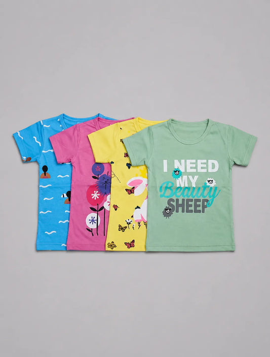 Pack Of 4 Kids Tees | Ocean Breeze, Cute Cat, Rabbit Butterfly & Sheep