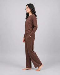 Women Button Style 2 Piece Lounge Wear - Chocolate Brown