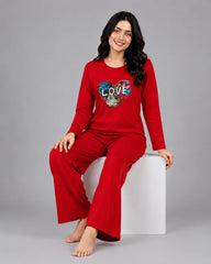 Women Round-Neck Lounge Wear | Love Color - Red