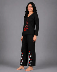 Women V Neck Lounge Wear | Red Butterfly - Black