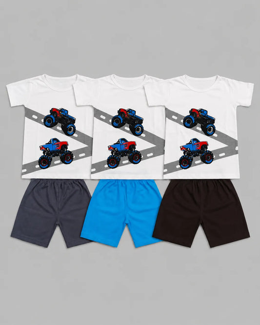 Pack Of 3 Kids Turbo Truck Short Set | Grey, Sky Blue & Brown