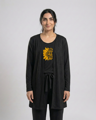 Women 3 Pieces Night Suit - Sun Roses | Black