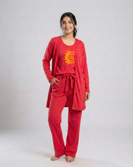 Women 3 Pieces Night Suit - Sun Roses | Red