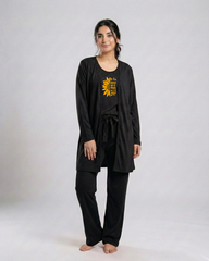 Women 3 Pieces Night Suit - Sun Roses | Black