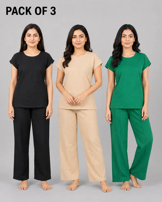 Pack Of 3 Women Cozy Core Lounge Set | Black, Beige & Green