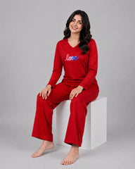 Women V-Neck Lounge Wear | Multi Love - Red