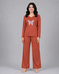 Women V-Neck Lounge Wear | Colored Butterfly - Rusty