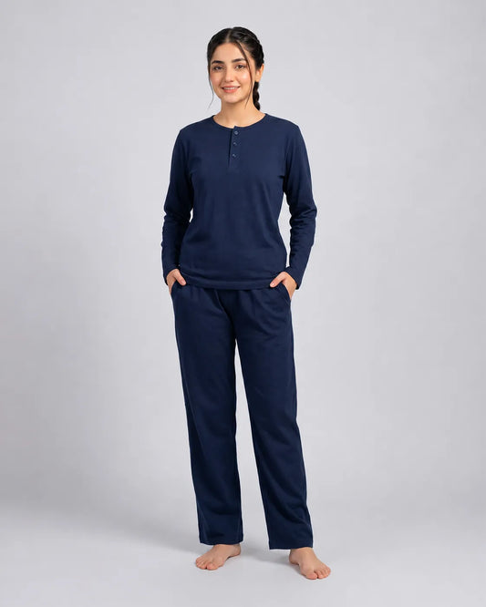 Women Button Style 2 Piece Lounge Wear - Navy Blue