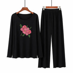 Women Round-Neck Lounge Wear | Flower - Black