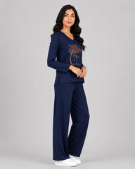 Women V-Neck Lounge Wear | Spring Tree - Navy Blue