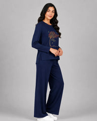 Women Round Neck Lounge Wear | Spring Tree - Navy Blue