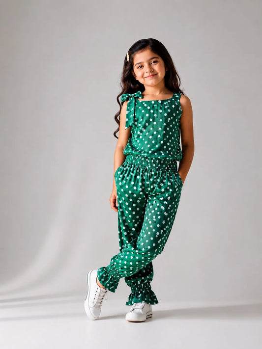 Girls Green Polka Dot Sleeveless Jumpsuit