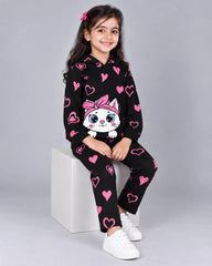 Heart Kitty Hoodie Set - Black