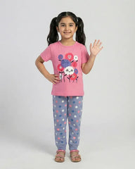 Girls Cute Cat & Flower Print Pajama Set - Short Sleeve