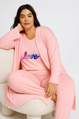 Women’s 3 Piece Nightwear Lounge Set with Multi Pattern Print | Plus Size Loungewear