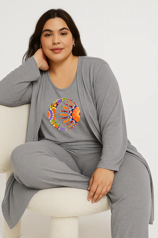 Women’s 3 Piece Nightwear Lounge Set with Moon & Sun Print | Plus Size Loungewear