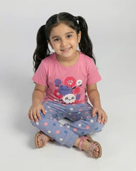 Girls Cute Cat & Flower Print Pajama Set - Short Sleeve