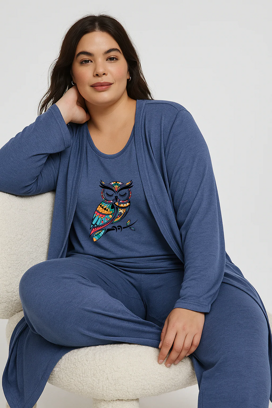 Women’s 3 Piece Nightwear Lounge Set with Owl Print | Plus Size Loungewear