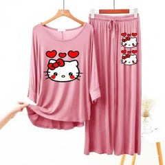 Women Round-Neck Lounge Wear | Hello Kitty - Baby Pink
