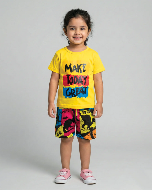 Make Today Great Yellow T-Shirt & Printed Shorts Set