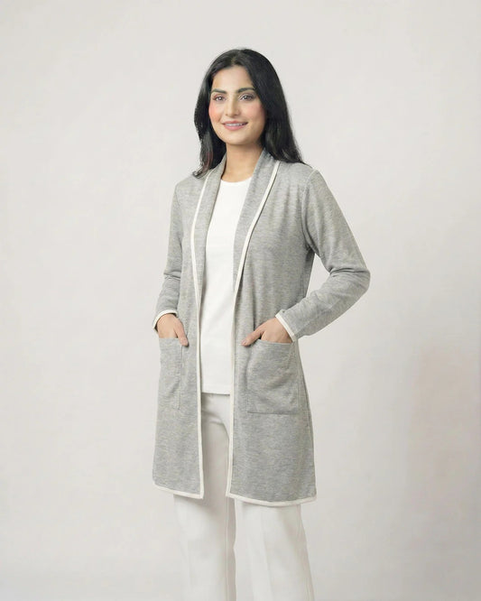 Grey Front Open Long Coat Dual Pockets Jacket