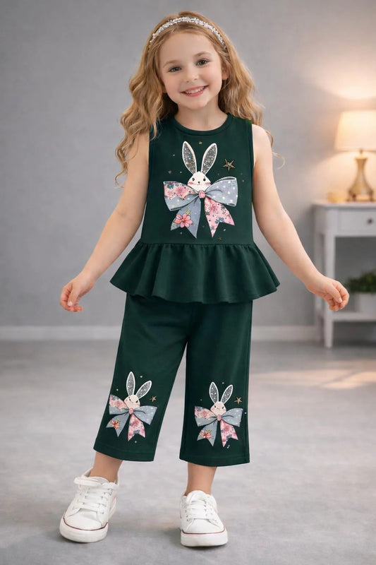 Dark Green Bunny Bloom Pajama Set