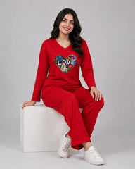 Women V-Neck Lounge Wear | Love Color - Red