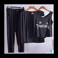 Women 3 Pieces Night Suit - Meow Kitty