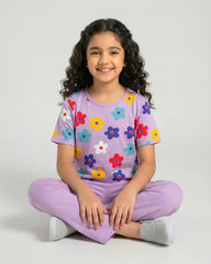 Blossom Dream Girls Floral Top & Purple Flare Pants Set