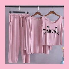 Women 3 Pieces Night Suit - Meow Kitty
