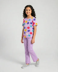 Blossom Dream Girls Floral Top & Purple Flare Pants Set