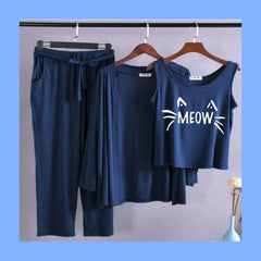 Women 3 Pieces Night Suit - Meow Kitty