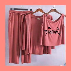 Women 3 Pieces Night Suit - Meow Kitty