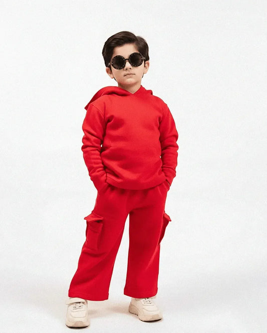 Kids Premium Red Fleece Cargo Tracksuit | Unisex