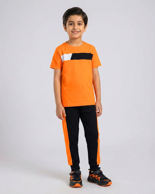 Trendy Kids' Orange Block T-Shirt & Pant Set