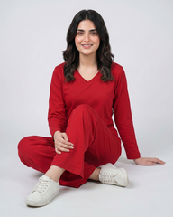 Women V Neck Lounge Wear - Red