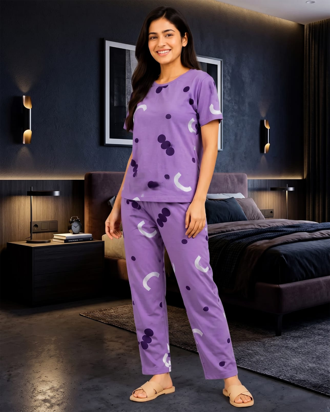 Pattern Printed Pajama Set - Purple