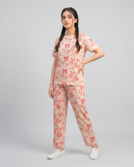 Women Peach Bow Print Tee & Trouser Co-Ord Set