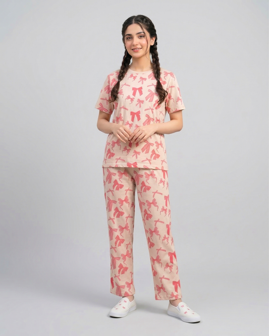 Women Peach Bow Print Tee & Trouser Co-Ord Set