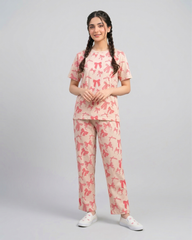 Women Peach Bow Print Tee & Trouser Co-Ord Set