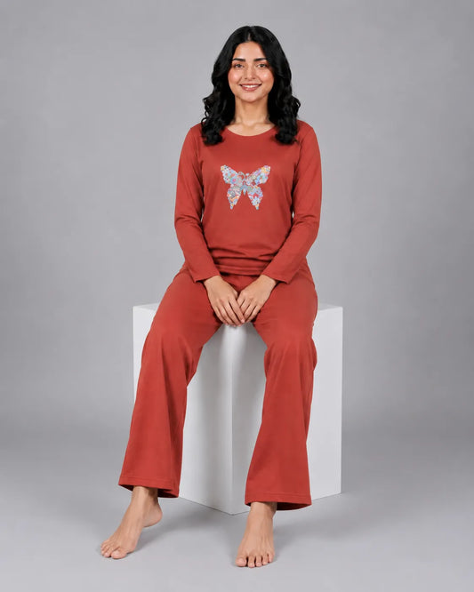 Women Round-Neck Lounge Wear | Colored Butterfly - Rusty