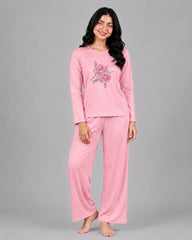 Women Round-Neck Lounge Wear | Flower - Baby Pink