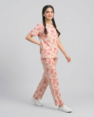 Women Peach Bow Print Tee & Trouser Co-Ord Set