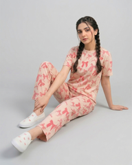 Women Peach Bow Print Tee & Trouser Co-Ord Set