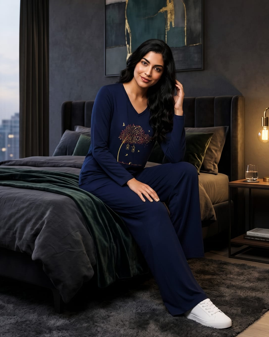 Women V-Neck Lounge Wear | Spring Tree - Navy Blue