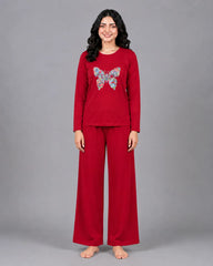 Women Round-Neck Lounge Wear | Colored Butterfly - Red