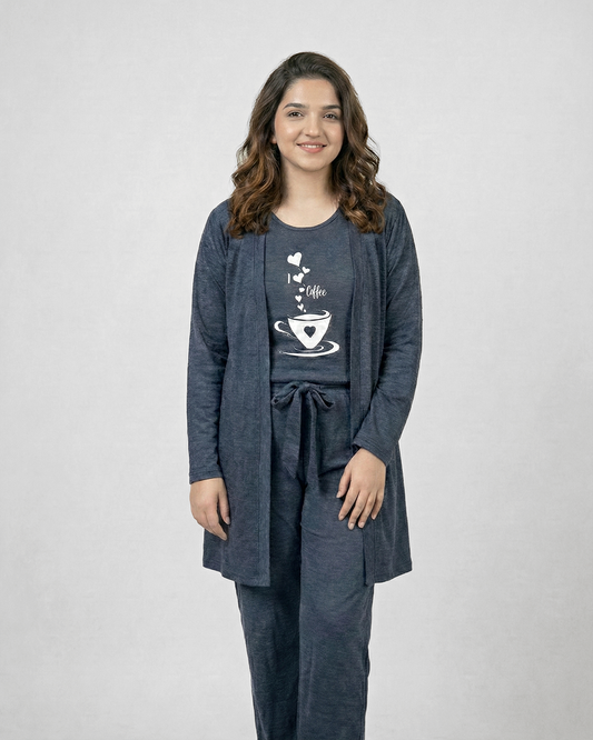 Women 3 Pieces Night Suit - I Love Coffe | Blue