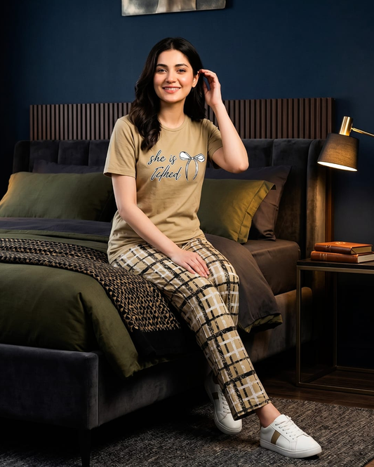 Women’s Beige Graphic Tee & Checkered Trouser Co-Ord Set